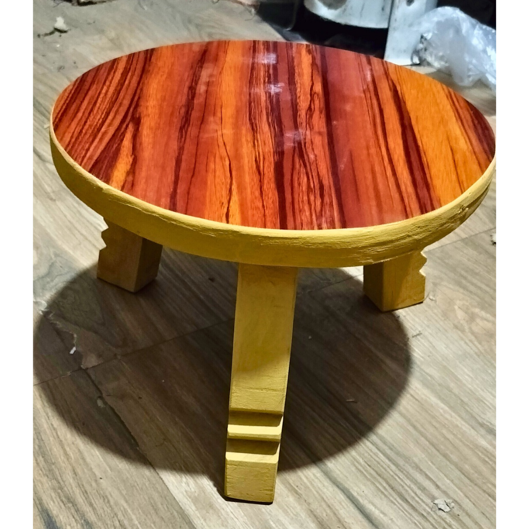 Wooden Mukkali / Pooja Stand / Chowki / Abhisheka Peeta / Three Legged Short Stool for Puja & Decor (Mica Sheet Attached)