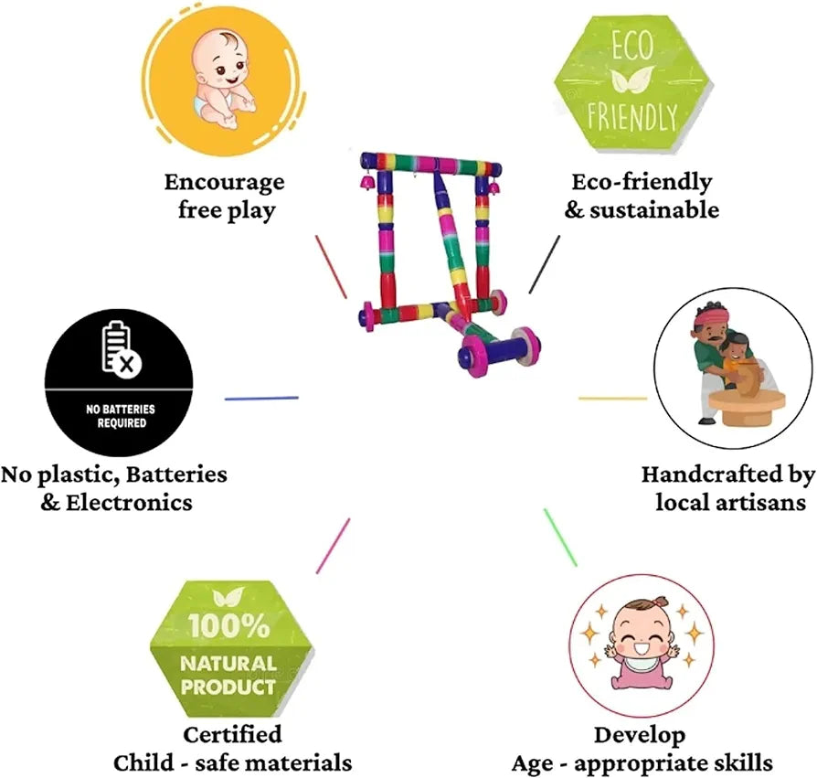 Multicolour Wooden Baby Walker Traditional Nadavandi Handmade for Kids Toddlers Activity β Push Walker for Baby for Age 0-3 Years