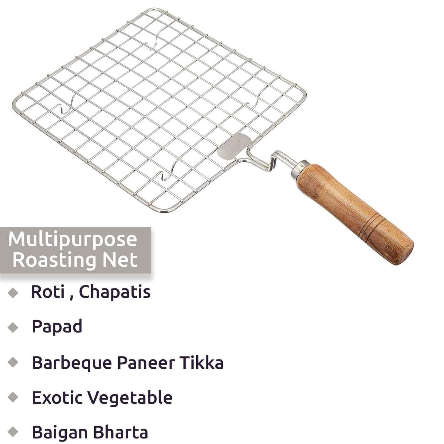 Papad Jali Roast, Paneer Grill, Roti Maker, Barbeque Jali Roaster Chapati Toast Grill Wooden Handle Vegetable tandoor net, Baigan Bharta (Square)