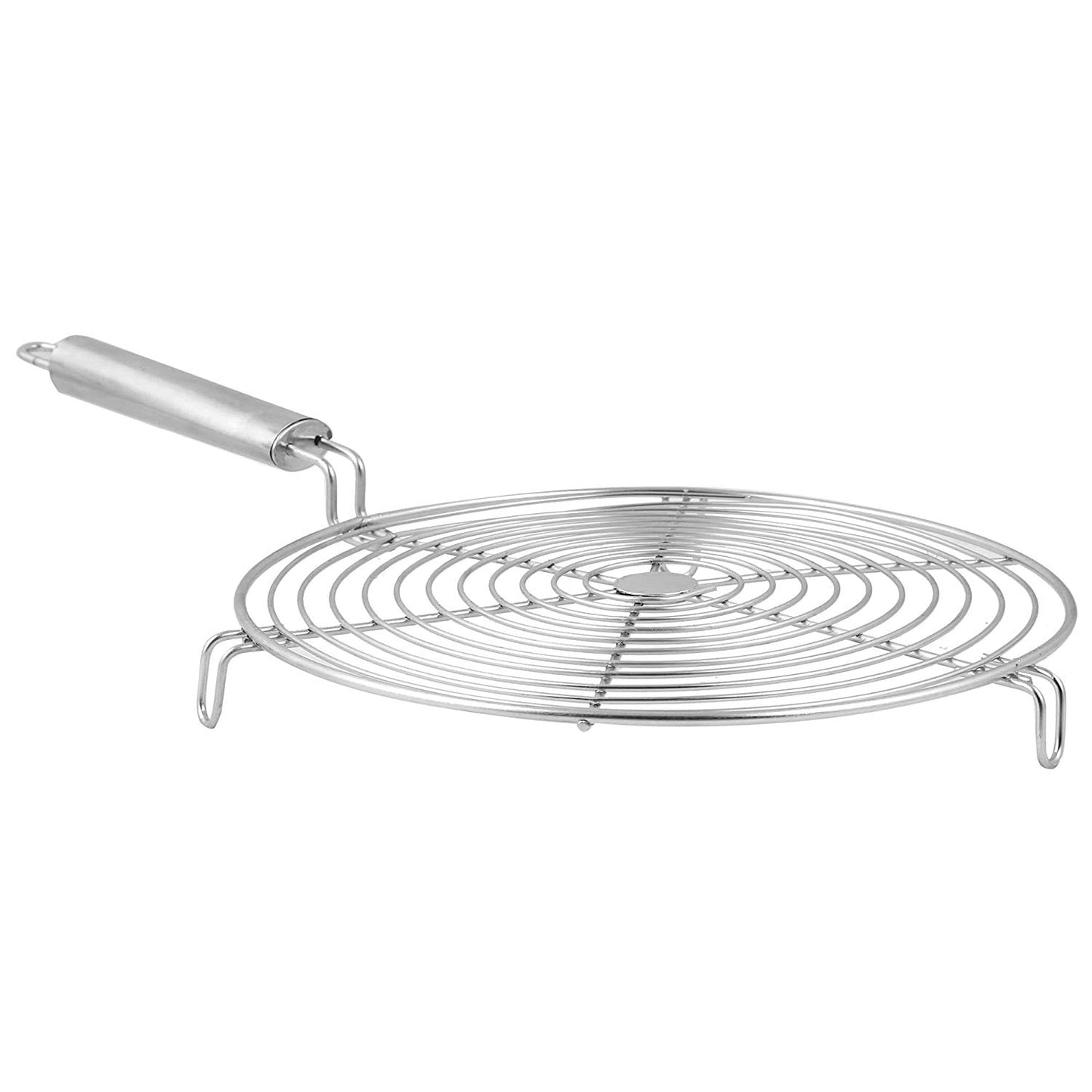 Round Roaster Tandoor Barbeque / Roti / Papad Jali Griller with Steel Handle (Silver)
