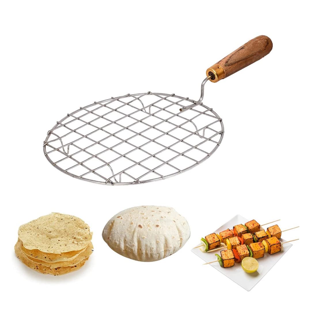 Papad Jali Roast, Paneer Grill, Roti Maker, Barbeque Jali Roaster Chapati Toast Grill Wooden Handle Vegetable tandoor net, Baigan Bharta (Round)