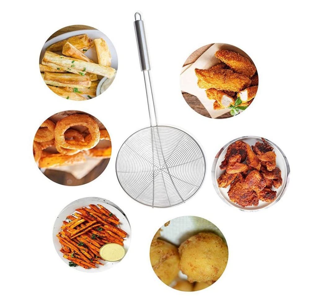 Jhara for Frying | Puri Strainer | Steel Deep Fry Jhara Mesh Laddle | Jharni Wire Skimmer with Handle for Oil Extraction