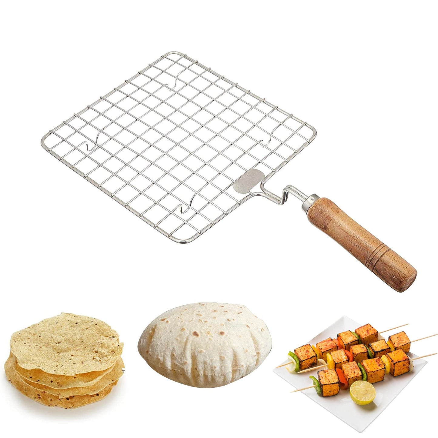 Papad Jali Roast, Paneer Grill, Roti Maker, Barbeque Jali Roaster Chapati Toast Grill Wooden Handle Vegetable tandoor net, Baigan Bharta (Square)