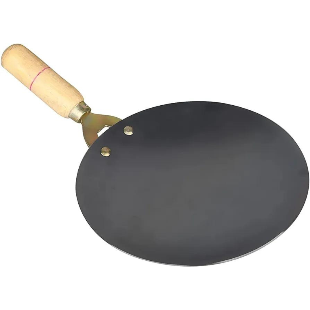 Traditional Flat Shaped Iron Tawa for Roti / Chapathi / Paratha / Fulka with Wooden Handle (10 Inch)