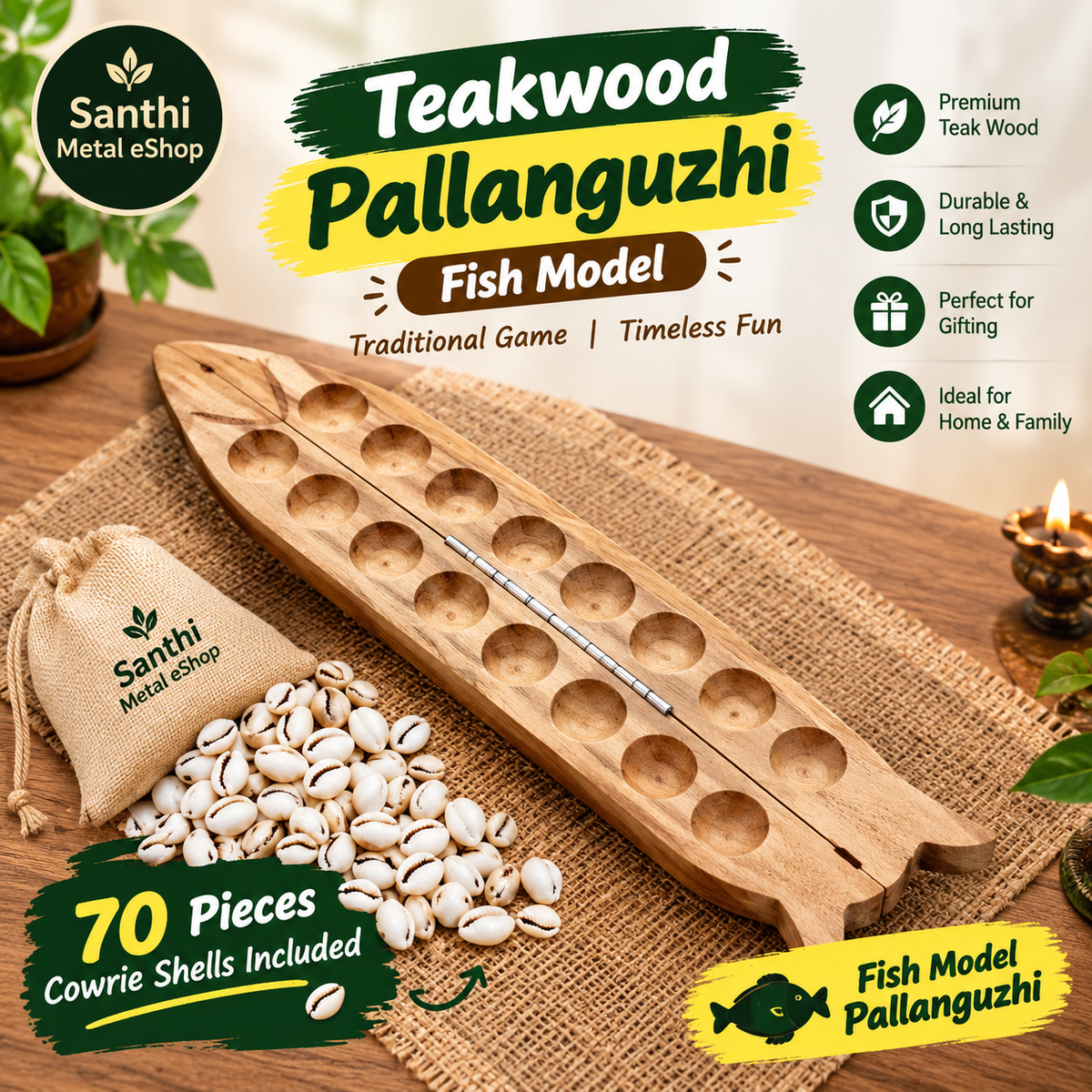 Premium Teak Wood Pallanguzhi Board Game (Fish Shape Model ) – 14 Pits | Traditional Mancala / Vamana Guntalu / Passuppandi with Cowrie Shells