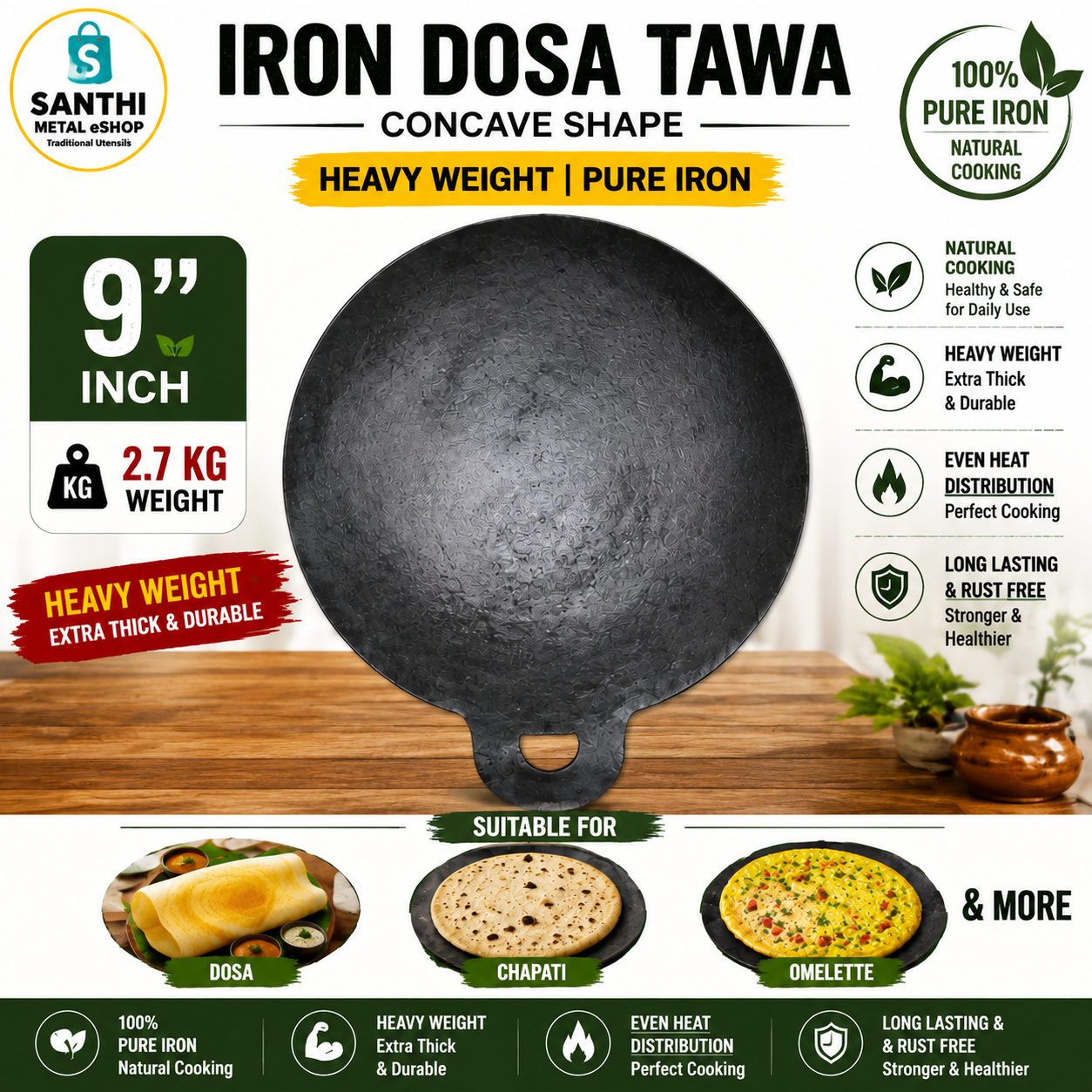9 Inch Heavy Weight Iron Concave Dosa Tawa β 2.7 Kg Pure Iron Tawa for Dosa, Chapati & Omelette | Traditional Cookware
