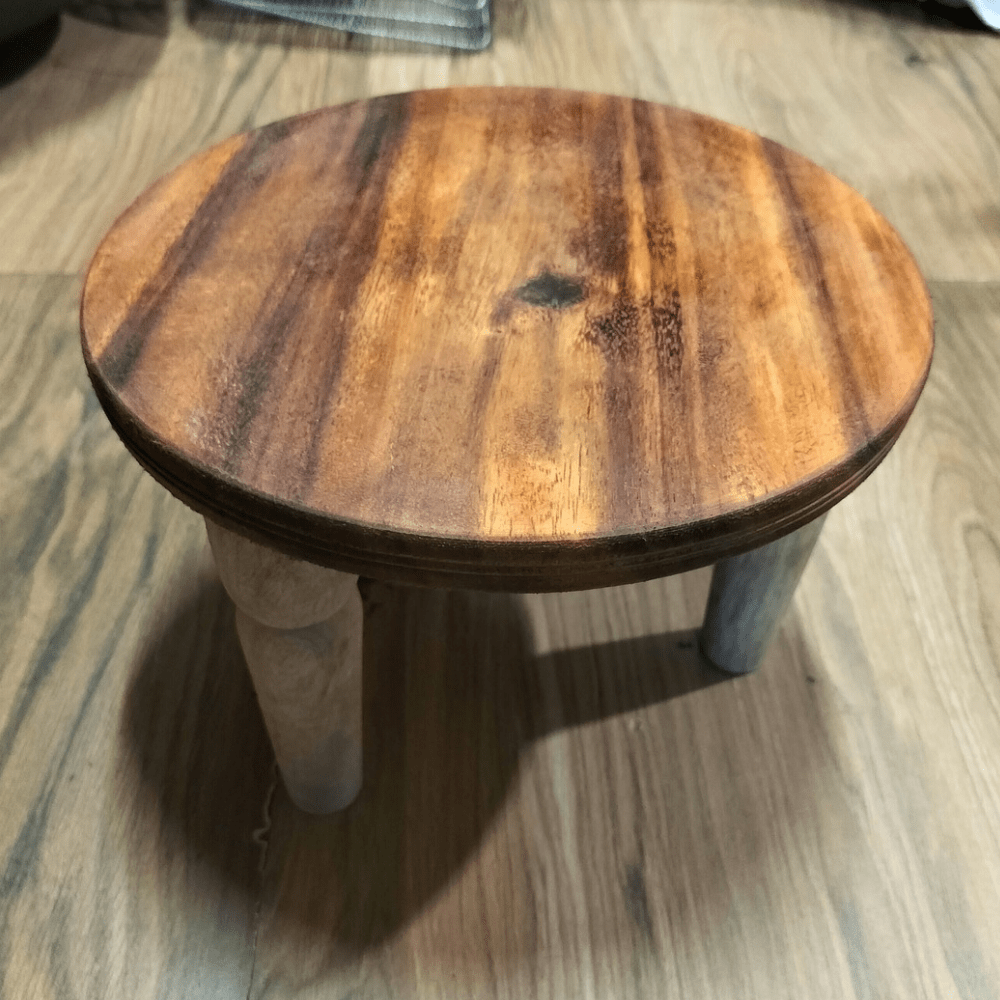 Wooden Mukkali / Chowki β 11 Inch Round, 7.25 inch Height Traditional Wooden Stool | Pooja Stand | Abhisheka Peeta | Puja Patla | 3-Legged Wooden Stand
