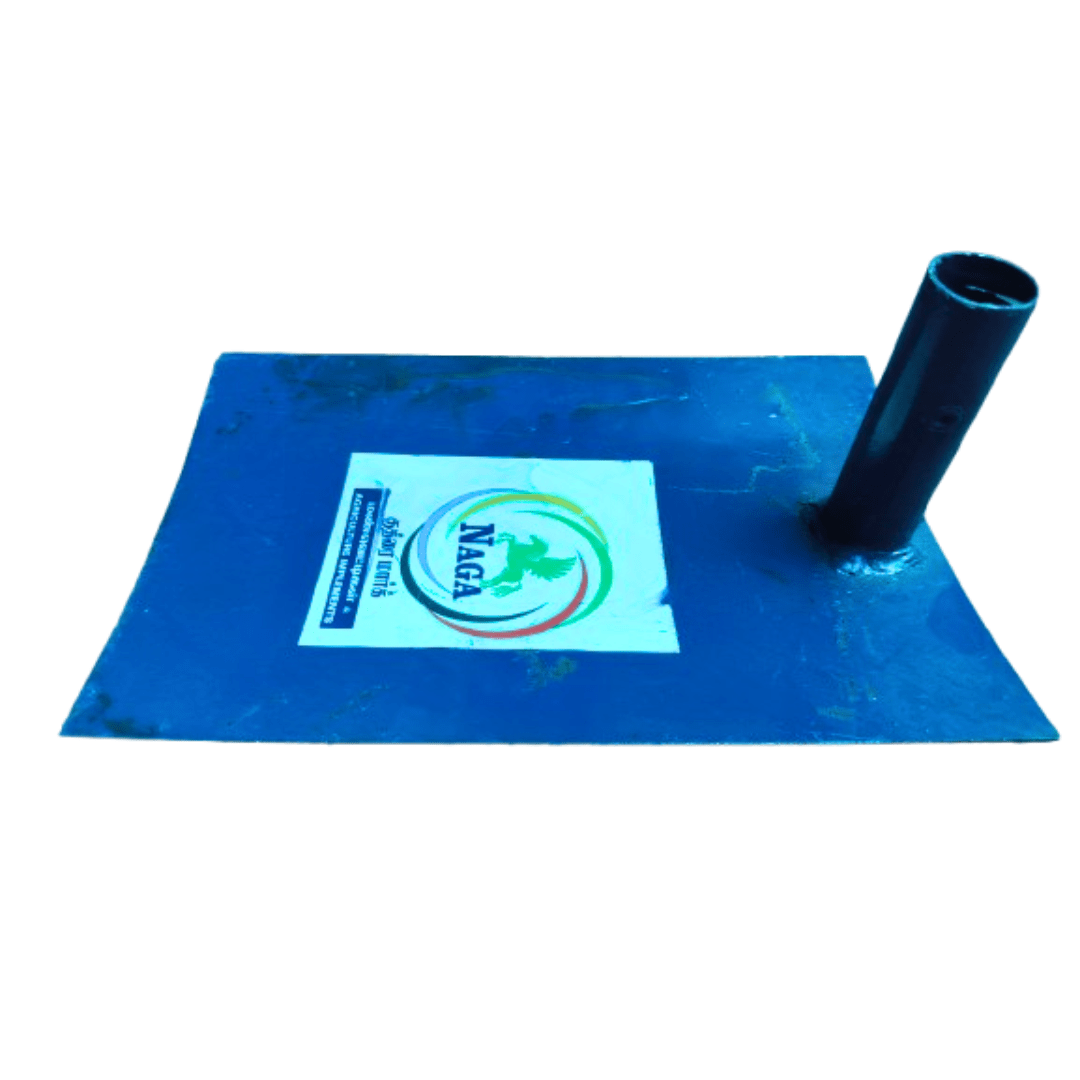 Heavy-duty iron drainage cleaning plate with universal rod holder. Attach any stick or rod and easily clean drains, ditches, and pits.
