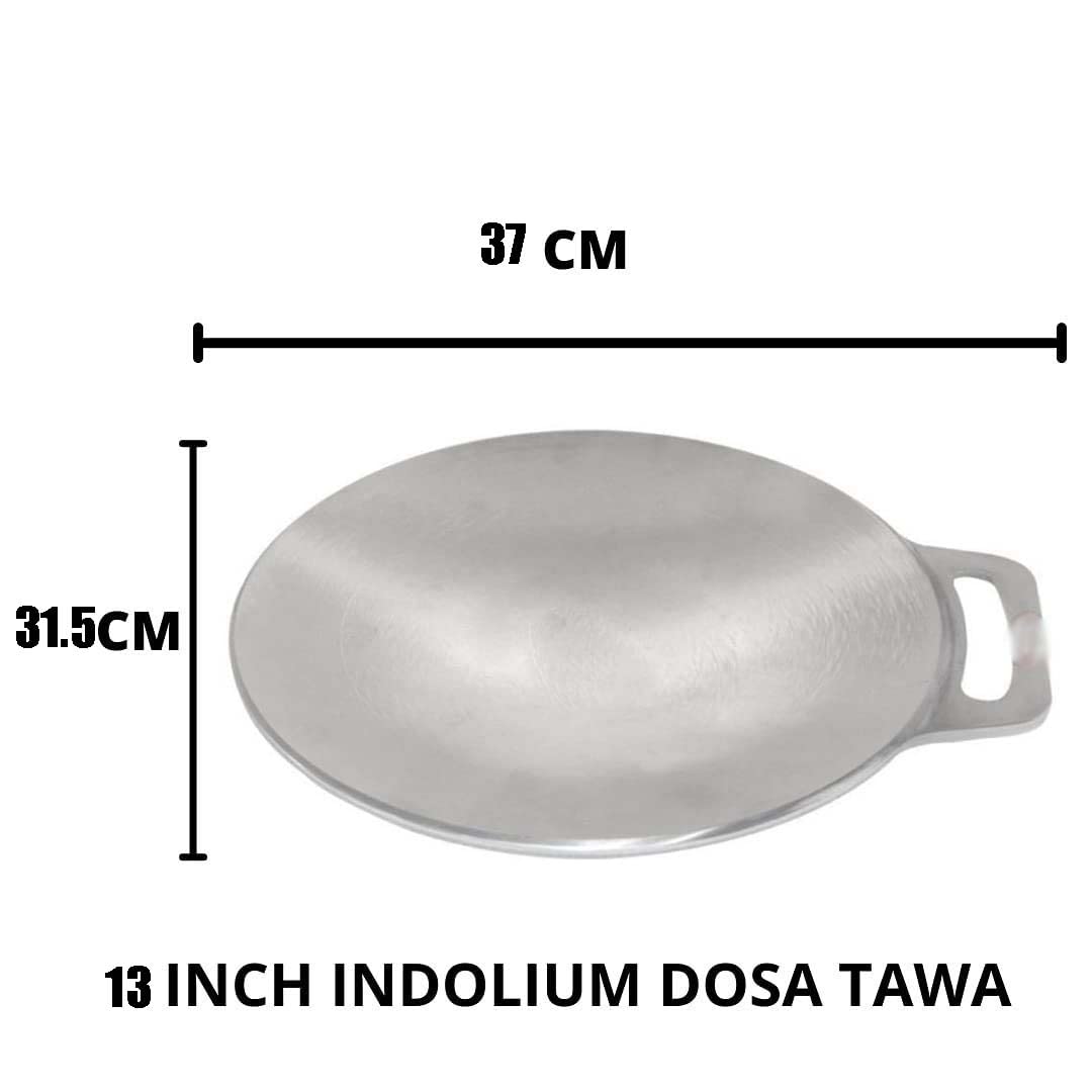 13 Inch Indolium Dosa Tawa for Making Best Dosai, Single Handle, Dishwasher Safe, Concave Base for Stove Top, Low Oil Usage (Shiny Silver, Aluminium)