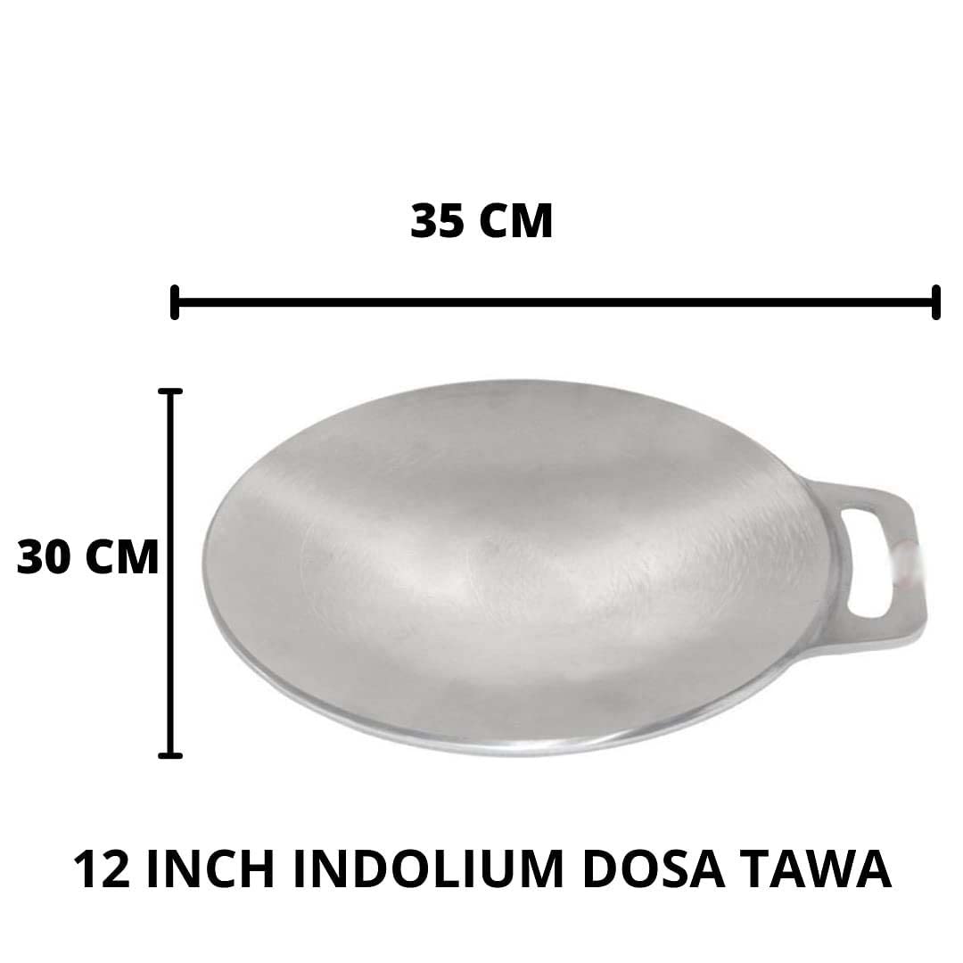 12 Inch Indolium Dosa Tawa for Making Best Dosai, Single Handle, Dishwasher Safe, Concave Base for Stove Top, Low Oil Usage (Shiny Silver, Aluminium)