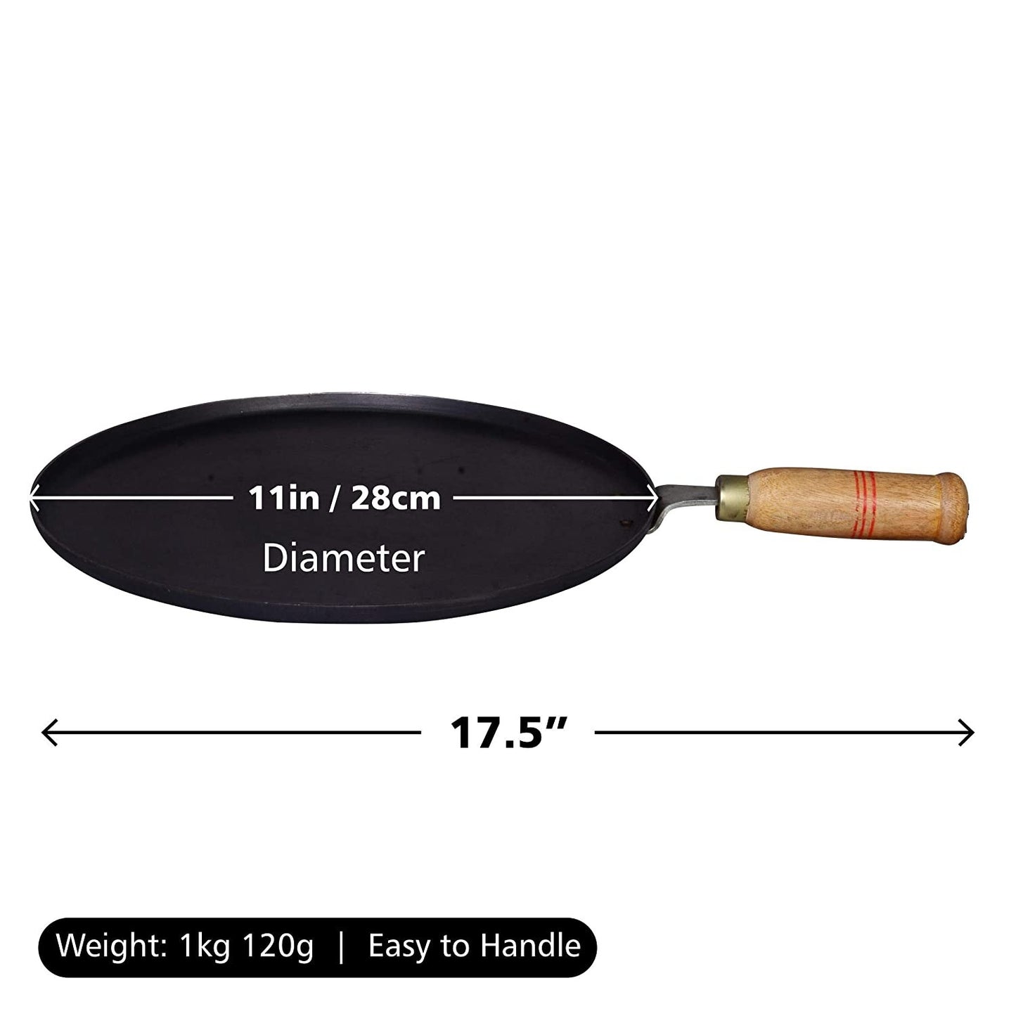 Traditional Concave Shaped Iron Tawa for Roti / Chapathi / Paratha / Fulka with Wooden Handle (11 Inch)