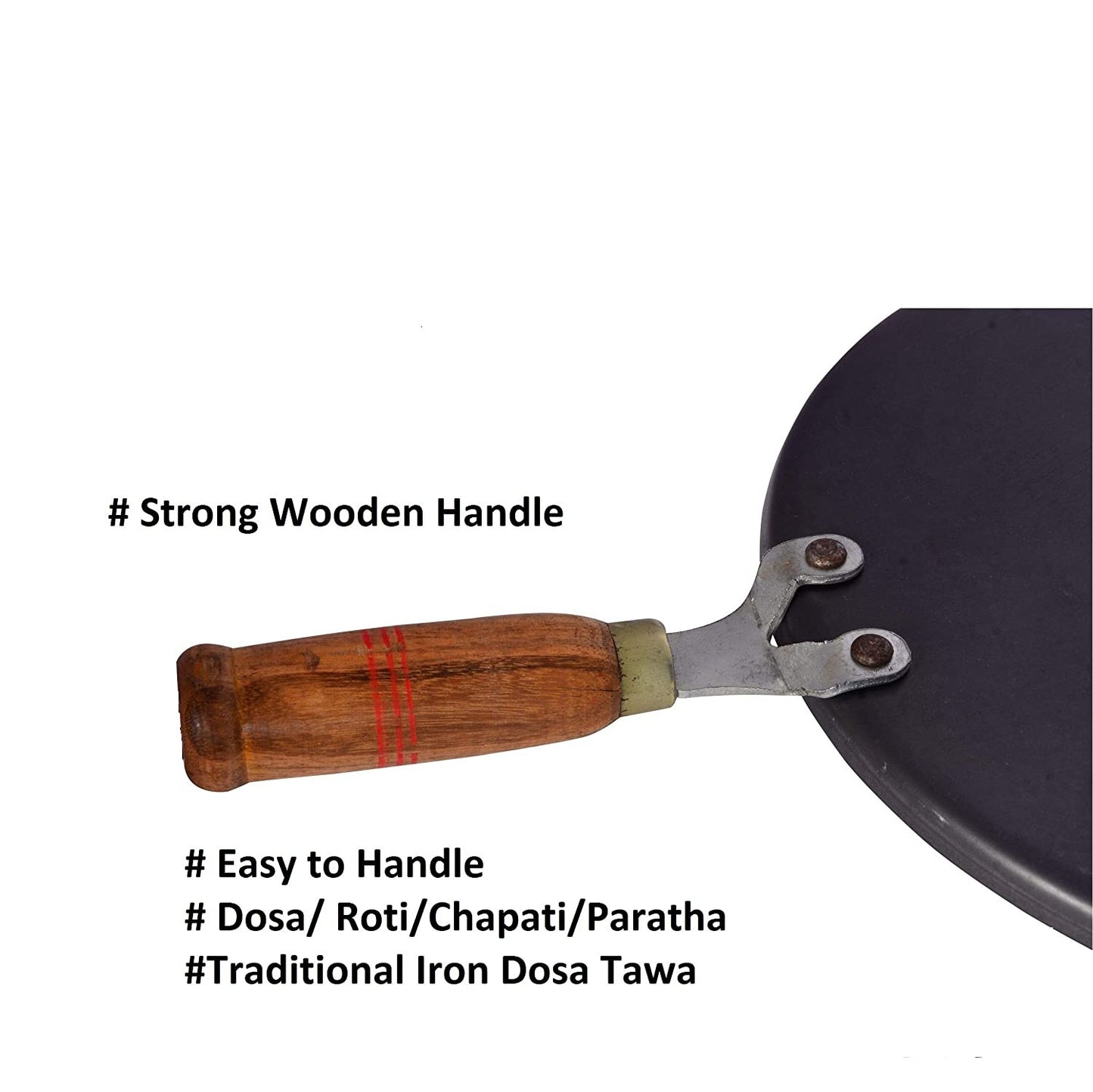 Traditional Concave Shaped Iron Tawa for Roti / Chapathi / Paratha / Fulka with Wooden Handle (11 Inch)
