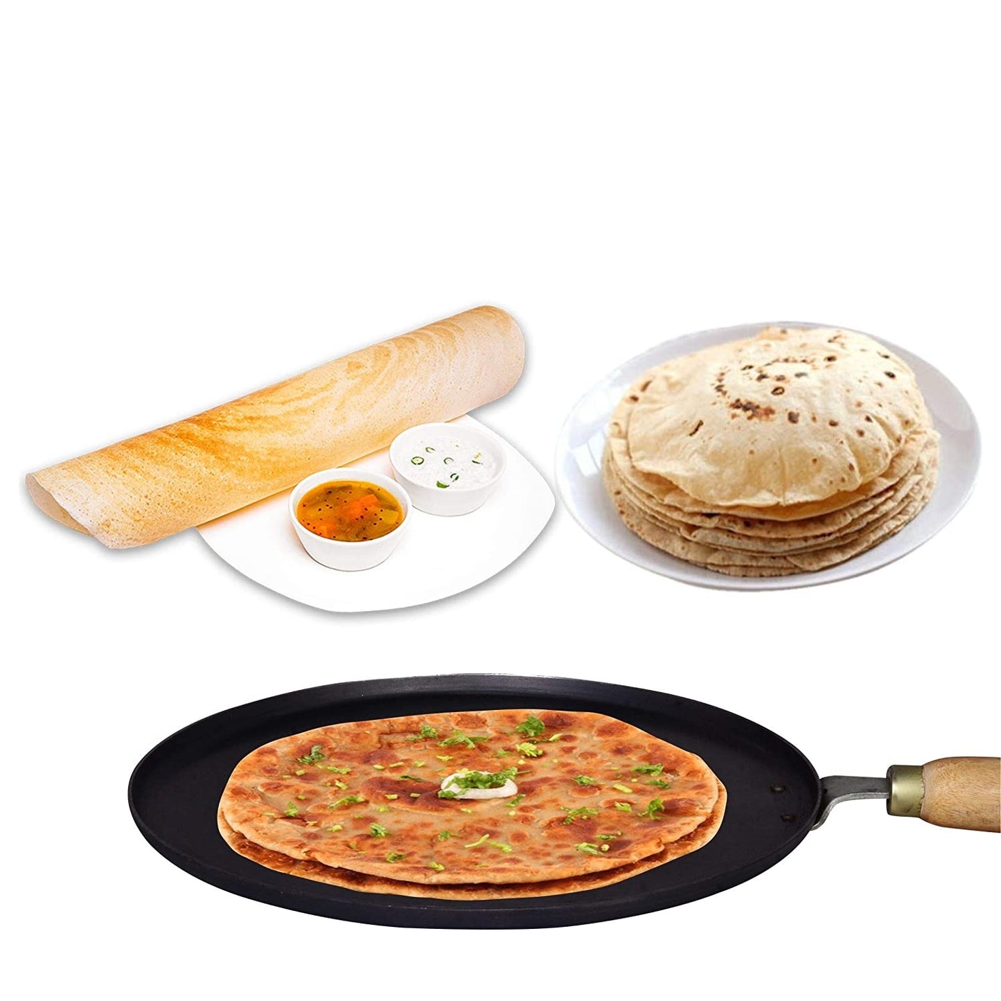 Traditional Concave Shaped Iron Tawa for Roti / Chapathi / Paratha / Fulka with Wooden Handle (11 Inch)