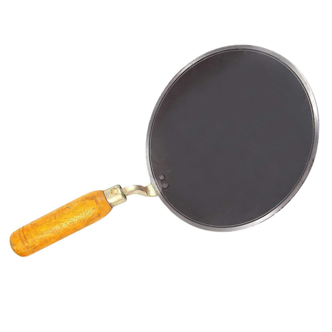 Handmade Concave Shaped Iron Tawa for Roti / Chapathi / Paratha / Fulka with Wooden Handle & Gas Stove Compatible (9 - 10 Inch)