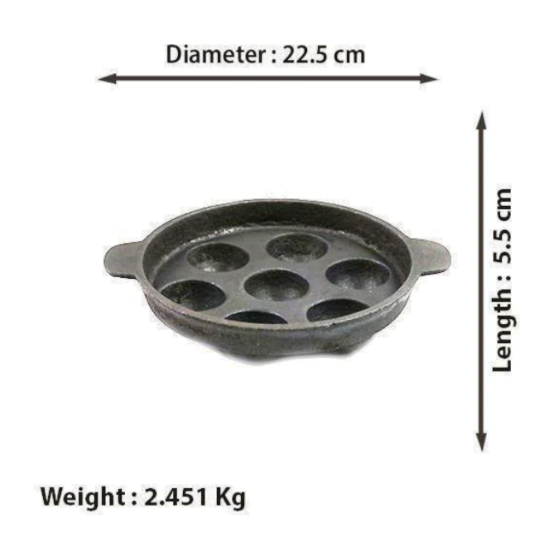 Induction & Gas Compatible - Cast Iron Flat Base Kuzhi Paniyaram Kallu / Paddu Pan / Ponganalu Chatti with 7 Cavities