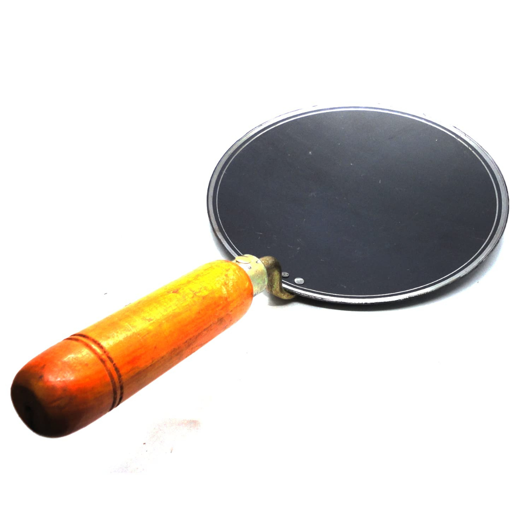 Handmade Concave Shaped Iron Tawa for Roti / Chapathi / Paratha / Fulka with Wooden Handle & Gas Stove Compatible (9 - 10 Inch)