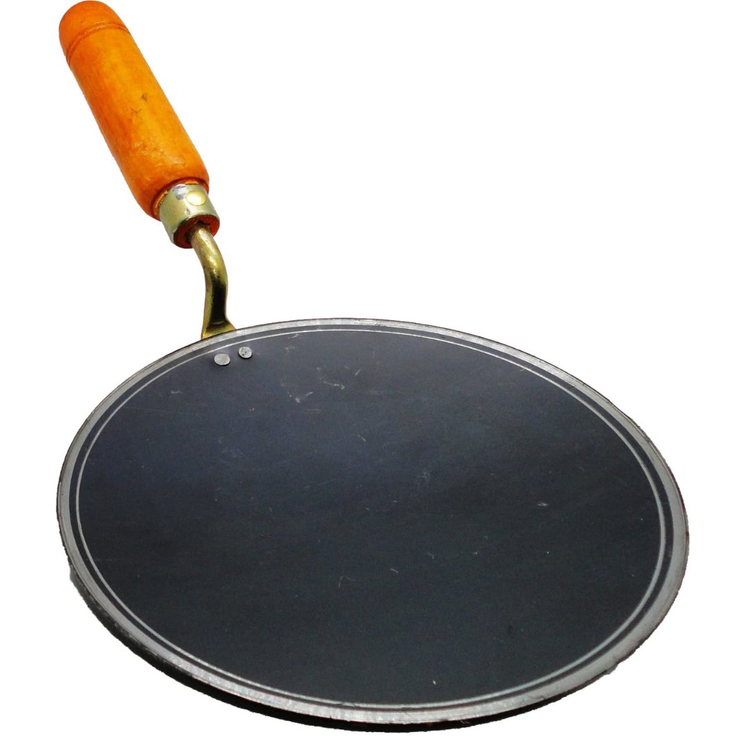 Handmade Concave Shaped Iron Tawa for Roti / Chapathi / Paratha / Fulka with Wooden Handle & Gas Stove Compatible (9 - 10 Inch)