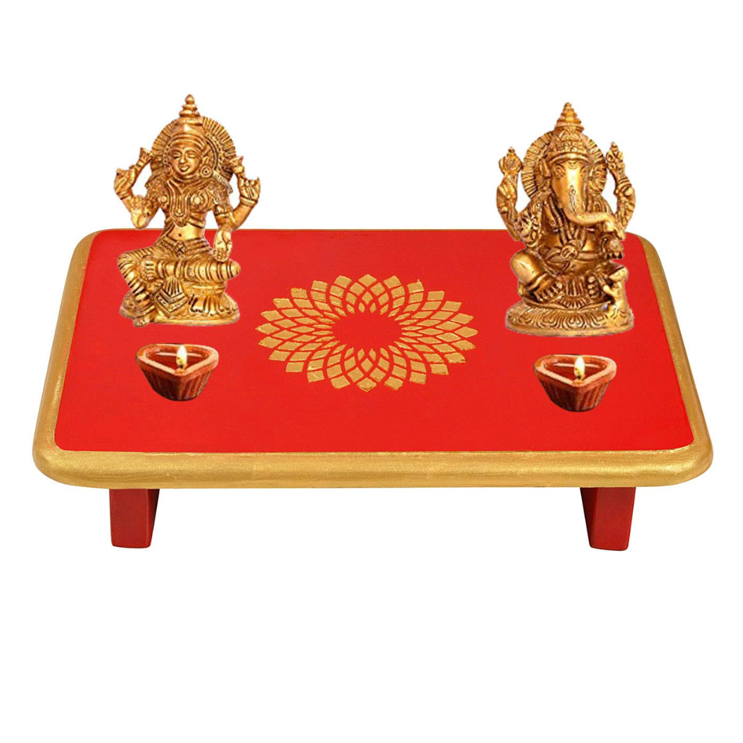 Wooden Handcrafted Pooja Peeta Chowki / Manapalagai / Low Height Wooden Table with Mica sheet (Big Size)