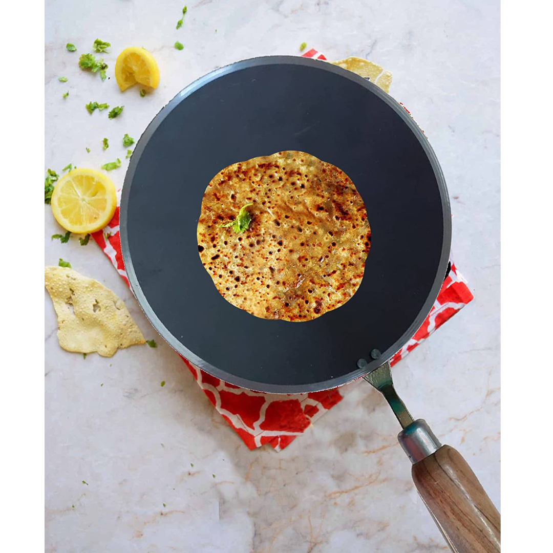 Handmade Concave Shaped Iron Tawa for Roti / Chapathi / Paratha / Fulka with Wooden Handle & Gas Stove Compatible (9 - 10 Inch)