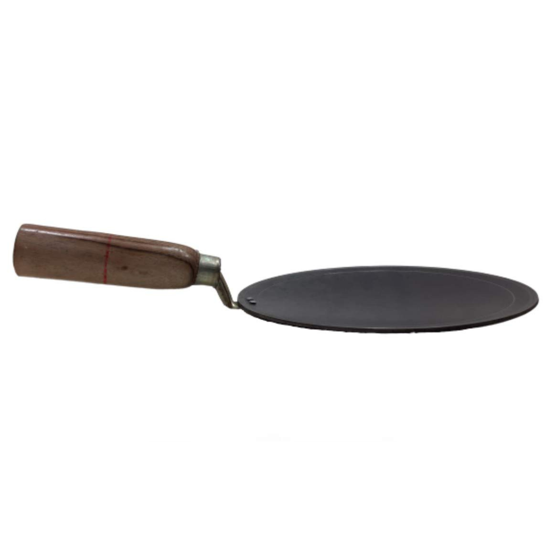 Handmade Concave Shaped Iron Tawa for Roti / Chapathi / Paratha / Fulka with Wooden Handle & Gas Stove Compatible (9 - 10 Inch)