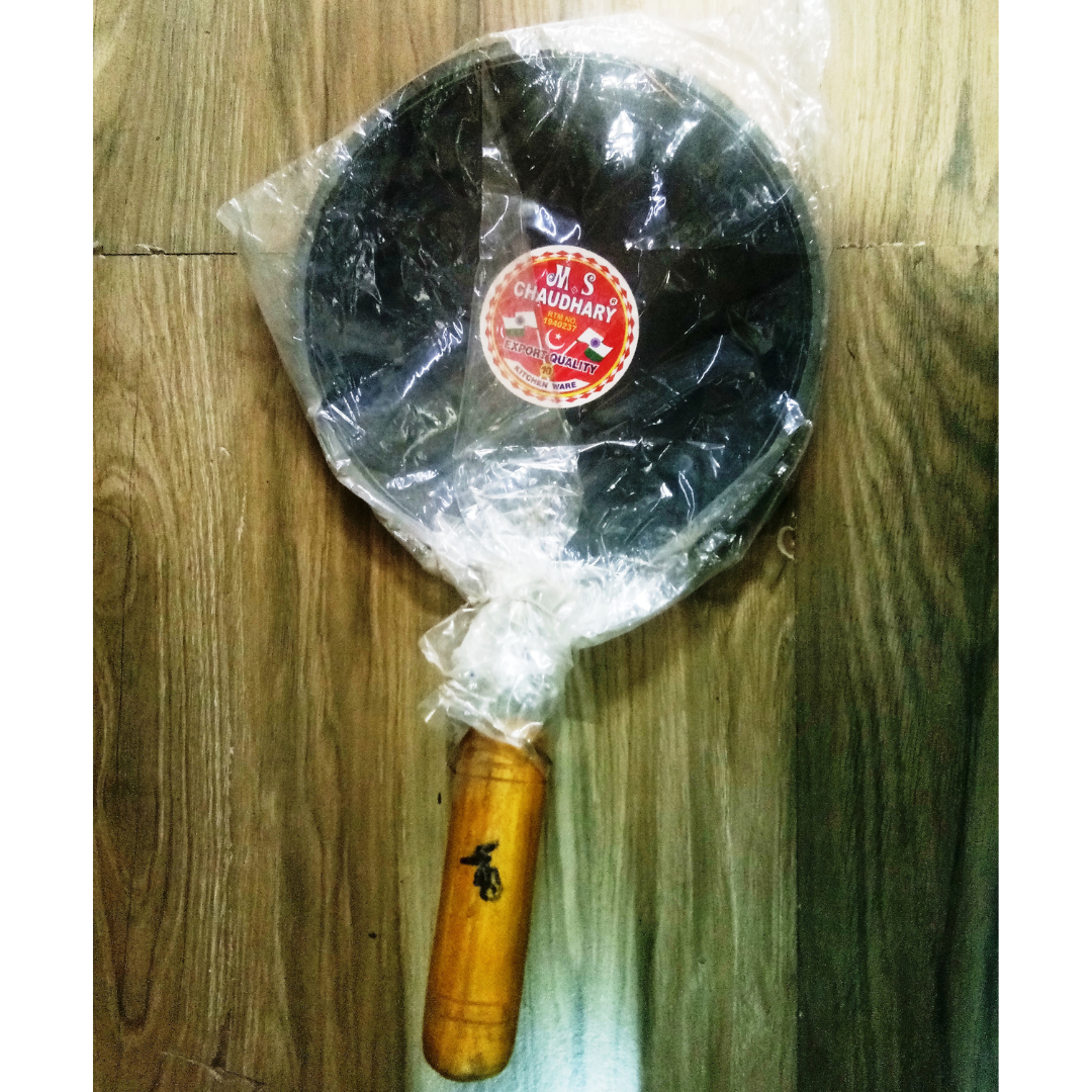 Handmade Concave Shaped Iron Tawa for Roti / Chapathi / Paratha / Fulka with Wooden Handle & Gas Stove Compatible (9 - 10 Inch)