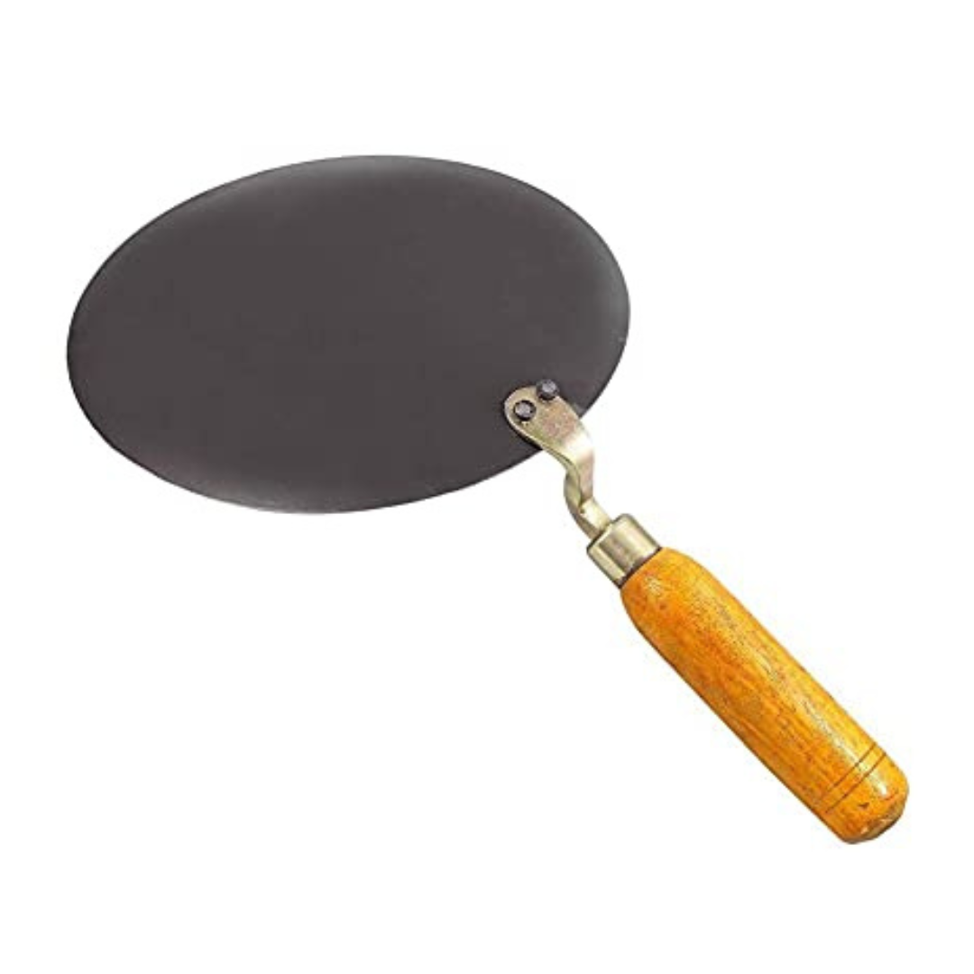 Handmade Concave Shaped Iron Tawa for Roti / Chapathi / Paratha / Fulka with Wooden Handle & Gas Stove Compatible (9 - 10 Inch)
