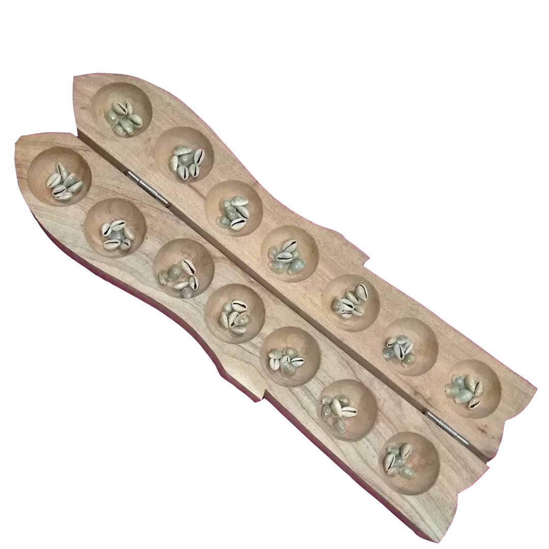 Handicrafts Vamana Guntalu / Pallanguzhi / Passuppandi / Mancala Wooden Board Game with 70 Cowrie Shells - 14 Pits