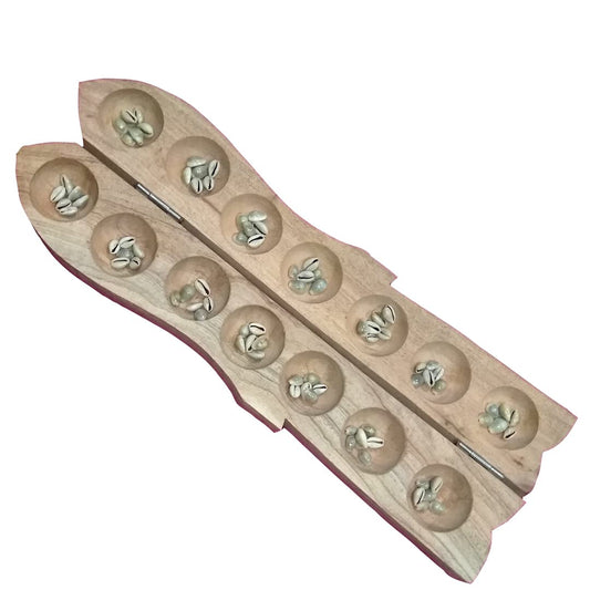 Premium Teak Wood Pallanguzhi (Vamana Guntalu / Passuppandi / Mancala) – 14-Pit Traditional Board Game with 70 Cowrie Shells