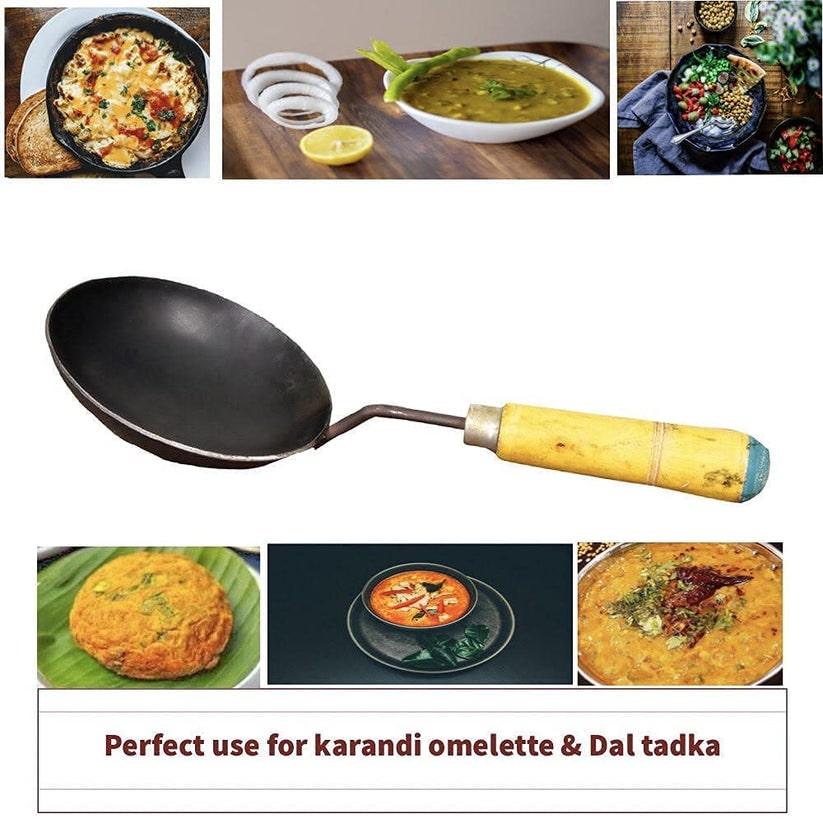 Traditional Iron Tadka Pan / Fry Pan / Thalippu karandi with Wooden Handle / LohaLokhand / 5.5inch / 14cm / 200ml