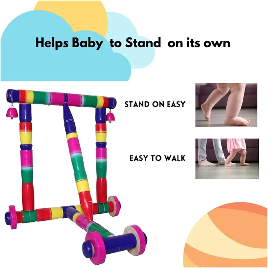 Multicolour Wooden Baby Walker Traditional Nadavandi Handmade for Kids Toddlers Activity – Push Walker for Baby for Age 0-3 Years