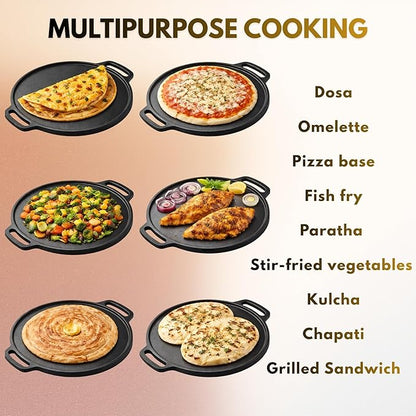 Heavy Duty Cast Iron Dosa Tawa 12" – Flat Base, Pre-Seasoned, Double Handle | 3.5 Kg