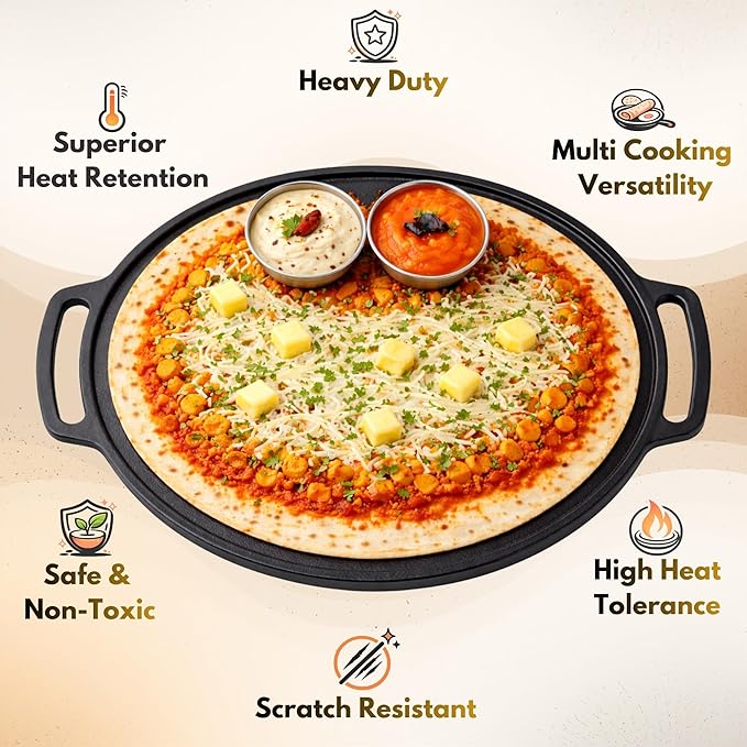 Heavy Duty Cast Iron Dosa Tawa 12" – Flat Base, Pre-Seasoned, Double Handle | 3.5 Kg