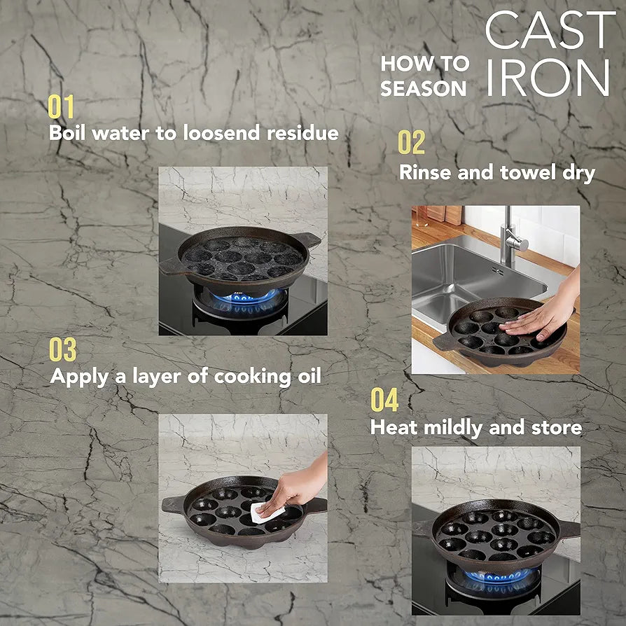 Induction & Gas Compatible - Cast Iron Flat Base Kuzhi Paniyaram Kallu / Paddu Pan / Ponganalu Chatti with 12 Cavities