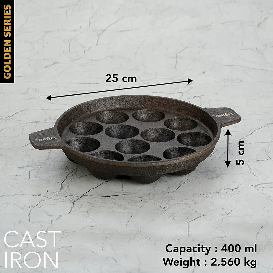 Induction & Gas Compatible - Cast Iron Flat Base Kuzhi Paniyaram Kallu / Paddu Pan / Ponganalu Chatti with 12 Cavities