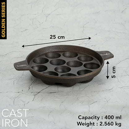 Induction & Gas Compatible - Cast Iron Flat Base Kuzhi Paniyaram Kallu / Paddu Pan / Ponganalu Chatti with 12 Cavities