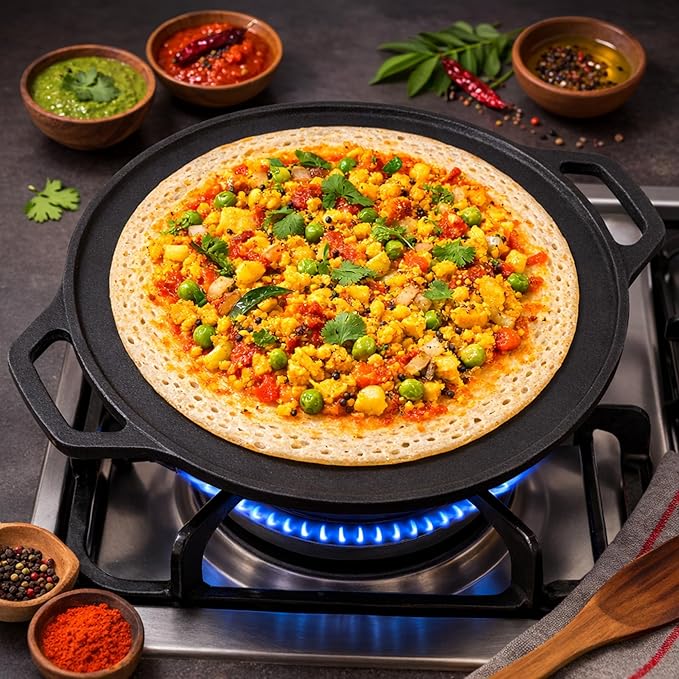 Heavy Duty Cast Iron Dosa Tawa 12" – Flat Base, Pre-Seasoned, Double Handle | 3.5 Kg
