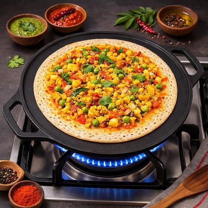 Heavy Duty Cast Iron Dosa Tawa 12" – Flat Base, Pre-Seasoned, Double Handle | 3.5 Kg