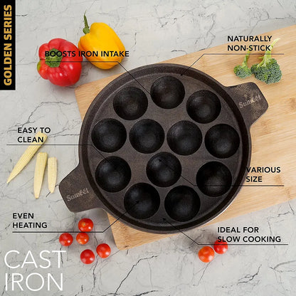 Induction & Gas Compatible - Cast Iron Flat Base Kuzhi Paniyaram Kallu / Paddu Pan / Ponganalu Chatti with 12 Cavities