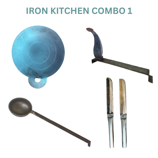 Iron Kitchen Utensils Combo 1 - 11 Inch Iron Dosa Tawa + Small Iron  Vegetable Chopper Cutter + Big Size Iron Frying Ladle + Pair of Iron Kitchen Knife ( 4 in 1 Pack)