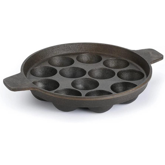 Induction & Gas Compatible - Cast Iron Flat Base Kuzhi Paniyaram Kallu / Paddu Pan / Ponganalu Chatti with 12 Cavities