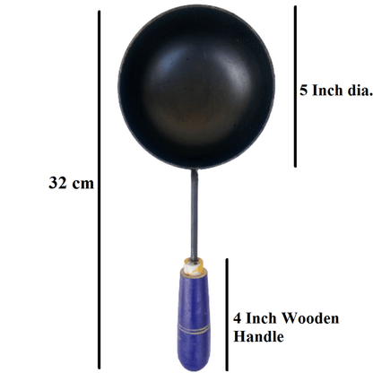 Deep Bottom Iron Tadka pan / Frying Pan / Tarka Karshul / Omelette Pan / Thalippu Karandi / Loha Oggarane Pan / Lokhand Chaunk Pan with Wooden Handle (400 g, 32 cm, 300 ml)