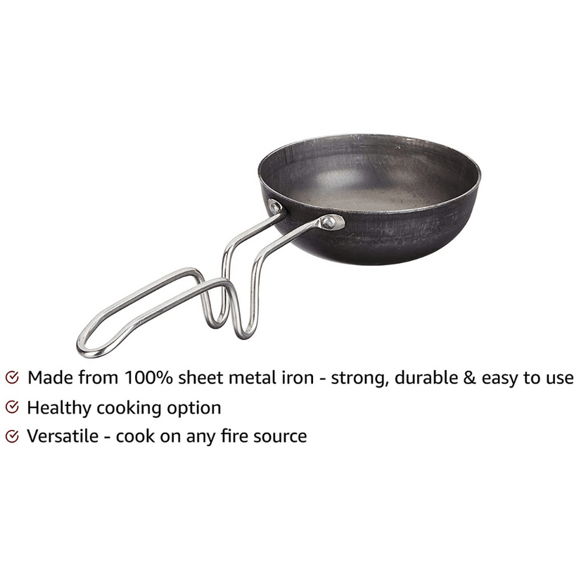 Deep Bottom Iron Tadka pan / Frying Pan / Thalippu Karandi with Steel Handle (400 g, 28 cm, 250 ml)