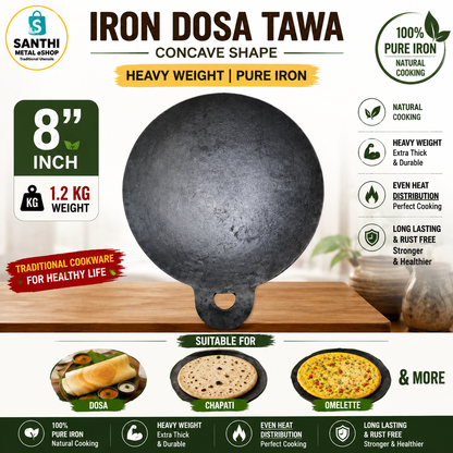 Heavy Weight 8 Inch Iron Dosa Tawa Concave Shape | Pure Iron Thick Tawa for Crispy Dosa, Chapati & Omelette | Traditional Kitchen Utensil