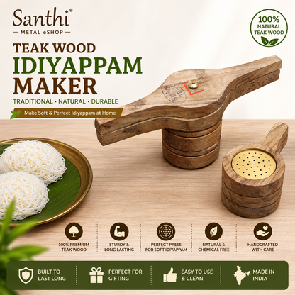 Teak Wood Idiyappam Maker | Sev Sancha Kitchen Press with Aluminum Clad Interior and Brass Bottom Sheet