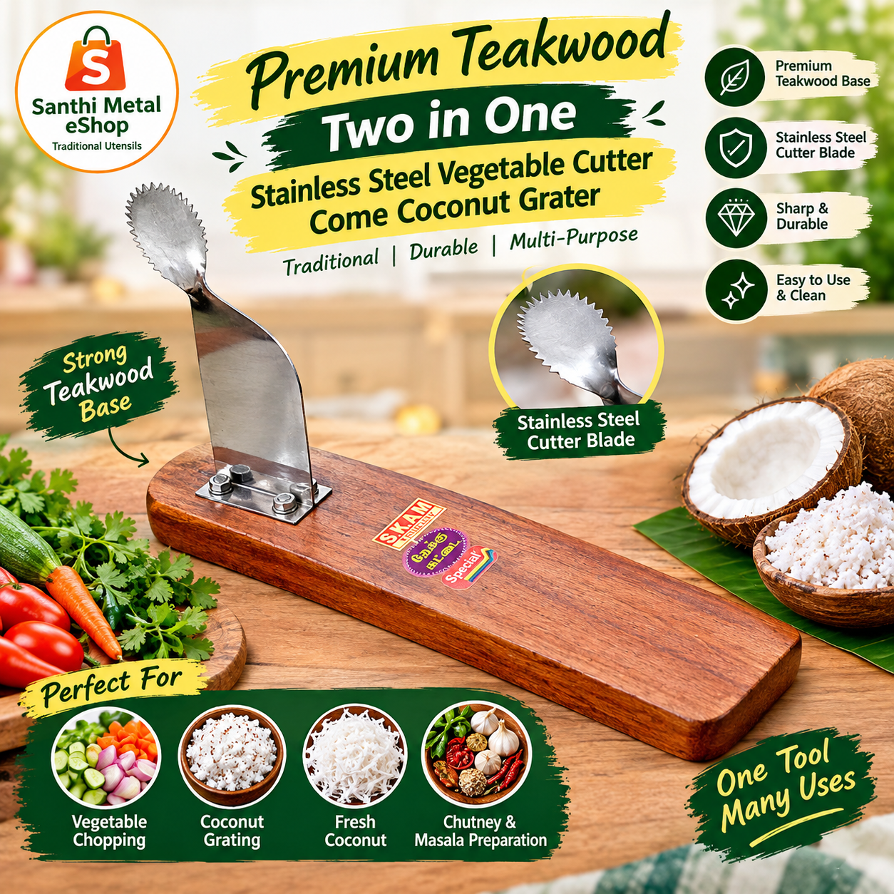 Premium Teakwood 2-in-1 Stainless Steel Vegetable Cutter & Coconut Grater – Traditional Arugamanai