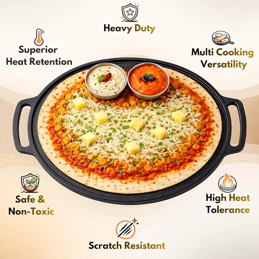 Deep Bottom 12-Inch Pre-Seasoned Cast Iron Dosa Tawa with Dual Handles (3.5 kg) – Flat Griddle for Dosa, Roti & Uttapam | Gas & Induction Compatible