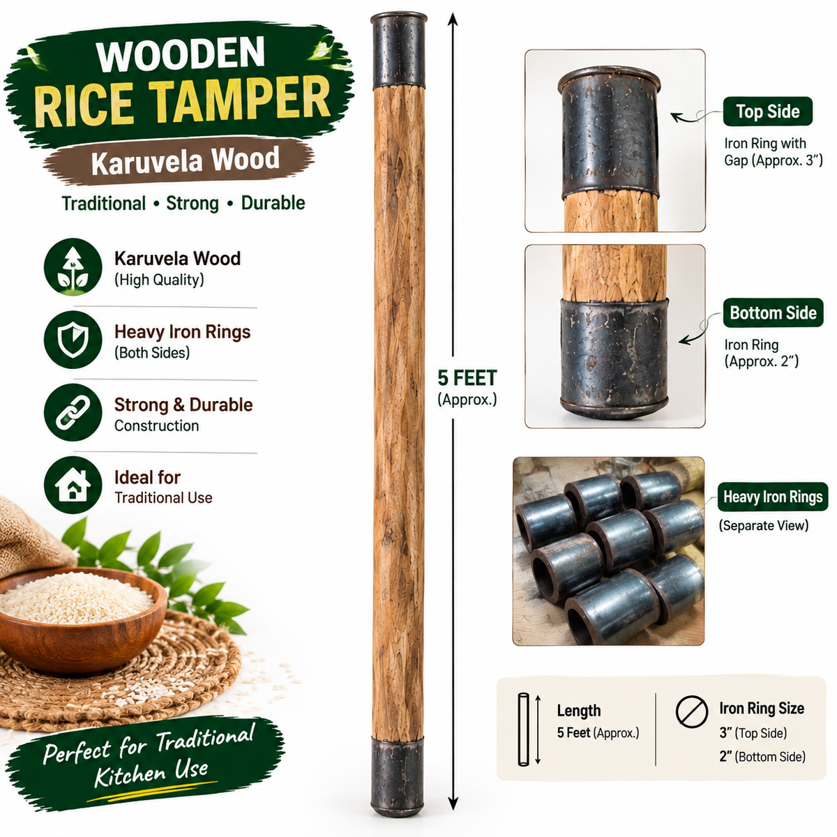 5 Feet Karuvelam Wood Ulakkai | Heavy Iron Ring Wooden Rice Stamper