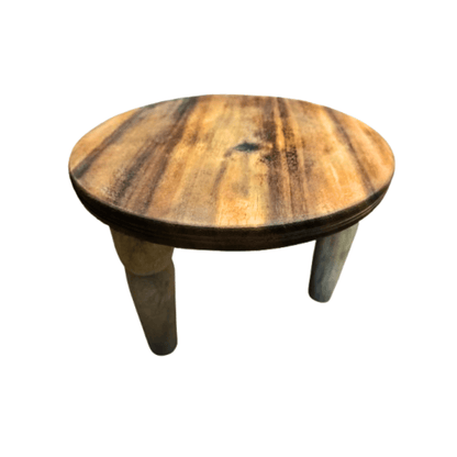 Wooden Mukkali / Chowki – 11 Inch Round, 7.25 inch Height Traditional Wooden Stool | Pooja Stand | Abhisheka Peeta | Puja Patla | 3-Legged Wooden Stand