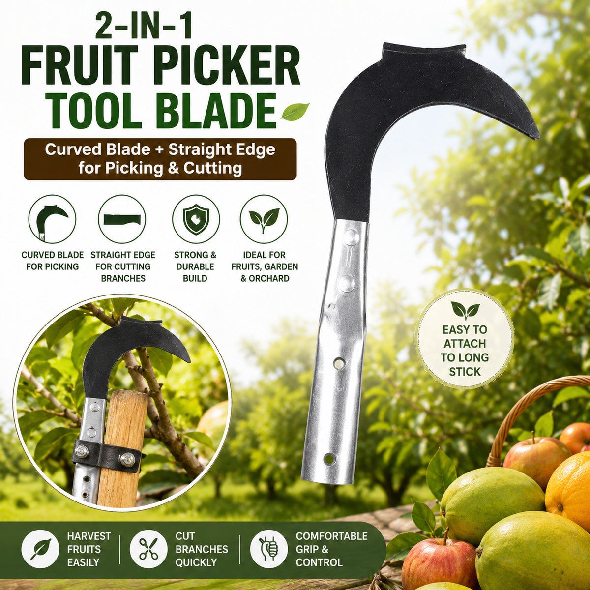2-in-1 Fruit Picker Tool Blade – Curved & Straight Edge Metal Blade for Fruit Harvesting, Branch Cutting, Gardening & Farming | Blade Only