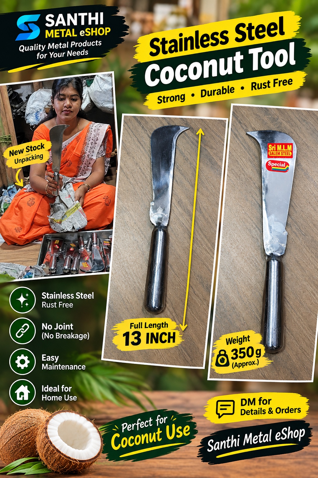 Stainless Steel Coconut Cutting Tool – 13 Inch | Approx. 350g | Rust-Resistant | Round Handle